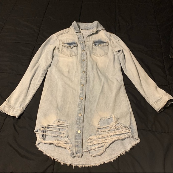 Distressed button long sleeve jean jacket highway jeans M - Picture 1 of 5